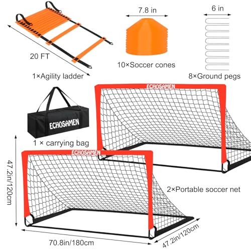 Kids Soccer Goals for Backyard, 2 of 6 x 4 ft Kids Soccer Goal Set Soccer Net with 10 Soccer Cones, Agility Ladder & Carry Bag, Portable Soccer Training Equipment. - color: Red