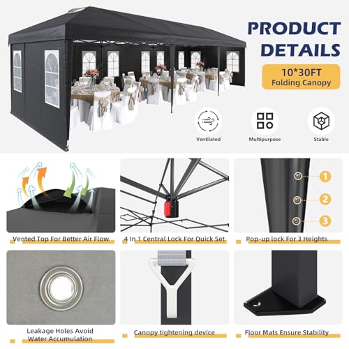 EROMMY 10x30 Heavy Duty Pop Up Canopy Tent with 8 Removable Sidewalls, Waterproof UV50+ Gazebo with Mosquito Netting, Easy Setup Instant Shelter for Backyard, Party, Wedding & Commercial Use, Black - color: Black, size: 10’x 30’