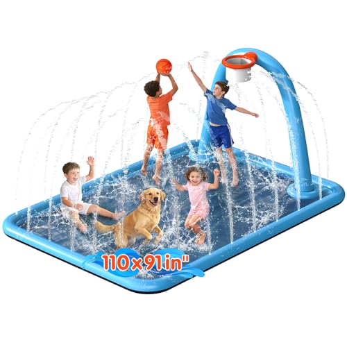 Instraella Splash Pad, 110x91'' 2-in-1 Large Sprinkler Mat with Basketball Hoop and Arch for Kids Outdoor Play, Shoot Game for Backyard, Inflatable Water OutdoorToys More Fun for Boys and Girls - size: Square 110*91 in