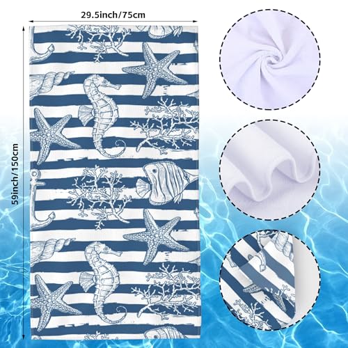 Starfish Microfiber Beach Towels,Underwater Starfish Seahorse with Coral on Stripes Oversized Absorbent Bath Towels,Soft Quick Dry Thin Camping Towel for Adults Women Men,29.5"×59" - color: Underwater Starfish Seahorse With Coral on Stripes