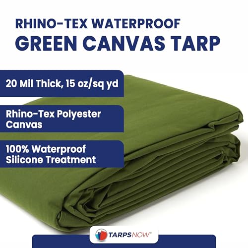 Tarps Now 8x12 ft Waterproof Canvas Tarp| 20 MIL Heavy Duty, Water Resistant, Tear Resistant, Reinforced Edges, Brass Grommets| Ideal for Construction, Trucking, Manufacturing, Camping – Olive Color - size: 8' x 12'
