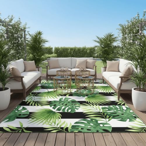 Outdoor Rug Waterproof 2x3 Tropical Plant Monstera Striped Outside Area Rugs for Patio Deck Porch Balcony Garden Black White Green Coastal Boho Reversible Poolside Backyard RV Outdoor Carpet - color: A, size: 2x3