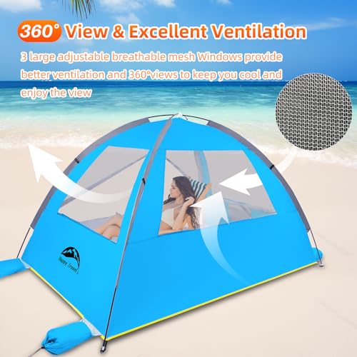 Happy Travel Beach Tent, UPF 50+ UV Protection Sun Shade Shelter for 3/4/5/6/7/8 Person, Portable Beach Canopy for Family & Baby, Lightweight & Easy Setup Beach Cabana with 3 Ventilation Mesh Windows - color: Sky Blue, size: 4 Person