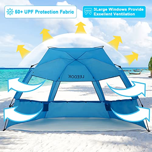 LEEDOR® Beach Tent Sun Shelter Instant Beach Umbrella with UPF 50+ UV Portable Windproof Pop Up Shade for 3 to 4 Person for Family Patent Pending