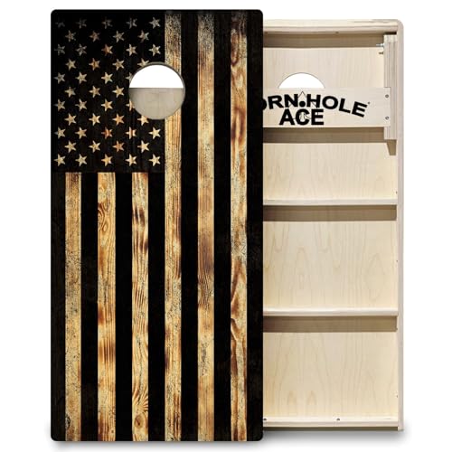CornholeAce ACE PRO American Flag Cornhole Board Set - No Bounce! Triple Wide Legs, 3/4" Baltic Birch Plywood, Handles, Regulation Size (4x2ft), Tournament Style, Made in USA - color: Burnt Wood USA Flag