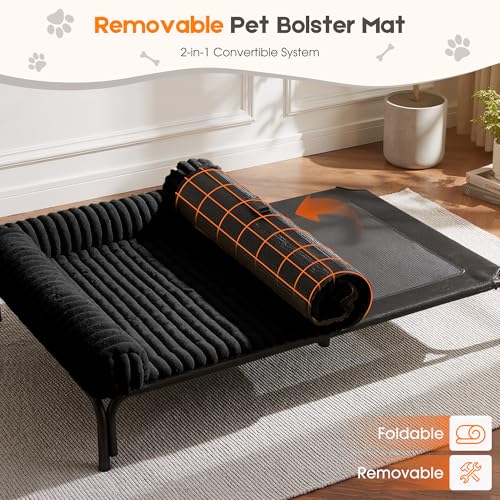 Elevated Dog Bed with Removable Fluffy Pillow Cushion, Raised Pet Cot Washable Bolster, Dog Couch Sofa, Anti Slip Feet, Breathable Mesh, Matte Black, 43"×32" - color: matte black, size: L(43"×32"×8")