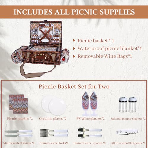 Neti Neti Wicker Picnic Basket for 2 Boho with Insulated Cooler & Waterproof Blanket – Large Willow Picnic Hamper for Outdoor, Camping, Beach, Romantic Dates, Valentine’s Day - color: Boho 3
