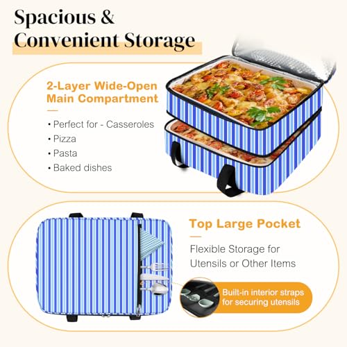 Coobiiya Insulated Casserole Carrier,Lasagna Lugger Tote Keeps Food Hot or Cold,Thermal Lunch Bag Warmer & Cooler Carrier Bag,Portable Tote Bag Fits 9" x 13" Baking Dish for Picnic and Cookout - color: Stripes, size: Double Layer: 15.75 × 11.8 × 7.87 in