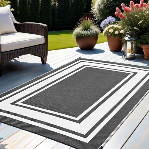 RURALITY Outdoor Rug 9x12 Waterproof for Patio Clearance,Large Plastic Straw Mat for Camping,Porch,RV,Reversible,Black and White - color: Panel-black&white, size: 9' x 12' (Rectangular)
