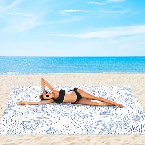 110''×118'' Oversized Beach Blanket for 4-8 Adults, White Waterproof Sandproof Picnic Blanket, Lightweight Foldable Sand Free Outdoor Mat w/ 4 Stakes & Portable Carry Bag for Travel, Camping, Hiking - color: White Coastline, size: 9x10 FT (1～8 person)