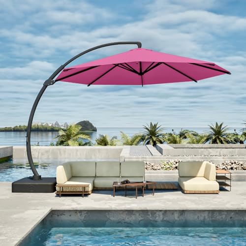 11FT Cantilever Umbrella with Base Large Curvy Outdoor Aluminum Offset Umbrella w/ 360° Rotation, UV Resistant Canopy for Patio, Garden, Backyard, Rose Pink - color: Rose Pink, size: 11FT