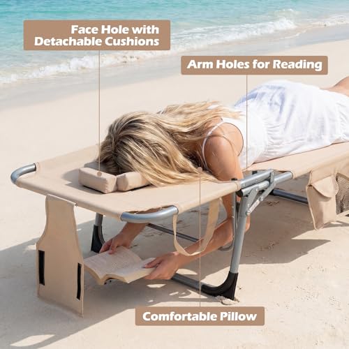 COSTWAY Tanning Chair with Face Hole, Folding Beach Lounge Chair with 4-Position Adjustable Backrest, Pillow & Side Pocket, Foldable Chaise Lounge Chair Outdoor for Sunbathing, Camping (1, Beige) - color: Beige