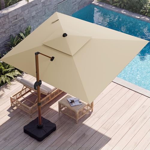 10x13 FT Wood Pattern Patio Umbrella, Large Deluxe Cantilever Rectangular Double Top Heavy Duty Offset Umbrellas with 360° Rotation, Outdoor shade for Garden Deck Pool Patio, Beige - color: Beige, size: 10x13 FT Wood