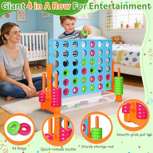 GADFISH Giant 4 in A Row - 2.6 FT Tall Outdoor 4 in A Row Perfect for Indoor & Outdoor Use, 4-to-Score Giant Game Set for Kids & Adults, with 42 Jumbo Rings & Quick-Release Slider (Blue & Orange) - color: Blue & Orange