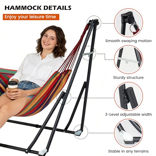 DlandHome Hammock with Stand, Heavy Duty Portable Hammock, 440 lbs Weight Capacity, Outdoor Hammock Chair with Carrying Bag & Adjustable Steel Stand for Patio, Garden, Beach, Backyard, Classic Red