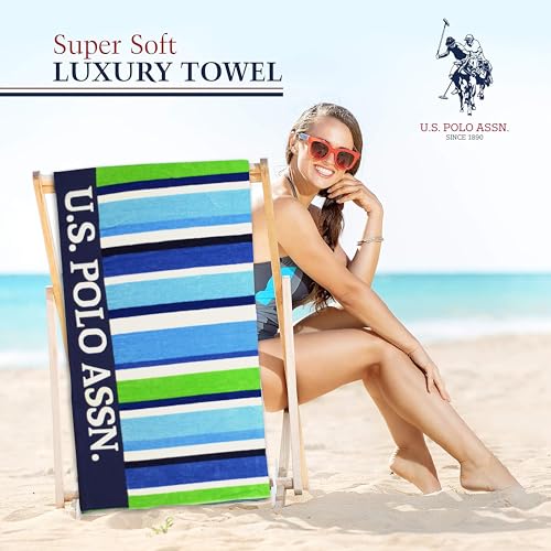 U.S. Polo Assn. Oversized (40” x 70”) Striped Nautical Design Beach Towel - Luxury Plush Cotton Hotel Quality for Bath, Pool - Myrtle Stripe - color: Green/Blue, size: 40" x 70"
