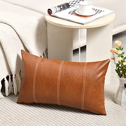 Fancy Homi 2 Packs Brown Boho Long Lumbar Faux Leather Decorative Throw Pillow Covers 14x20 Inch for Couch Bed Sofa, Hand Stitched Rectangle Cushion Case, Rustic Modern Farmhouse Home Decor - color: Brown, size: 20" x 14" (Pack of 2)