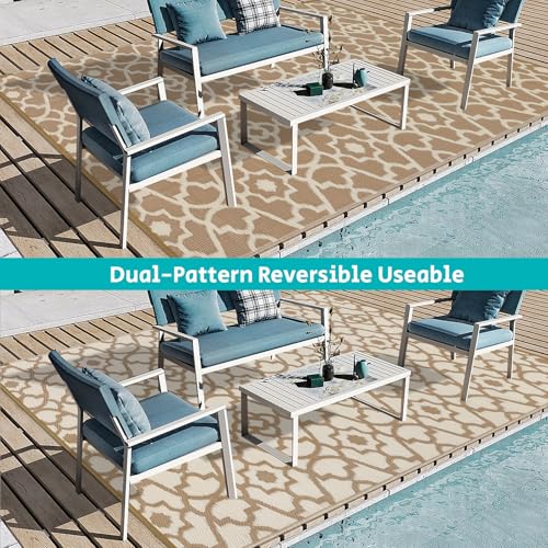 HEBE Outdoor Rug Waterproof 8x10, Plastic Straw Rug Camping Rug, Reversible Outdoor Patio Rugs RV Mat Clearance, Indoor Outside Floor Carpet for Porch,Deck,Camper,Balcony,Backyard - color: Beige, size: 8' x 10' (Rectangular)