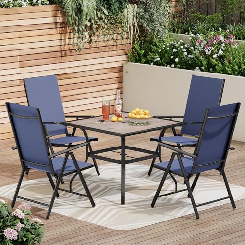PHI VILLA 5-Piece Patio Dining Set for Outdoor, Patio Table and Chairs Set with Square Wooden-Like Table & Patio Folding Sling Chairs (Blue) - color: Blue, size: 5 Piece Square