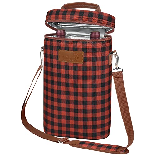 Tirrinia 2 Bottle Wine Gift Tote Carrier - Leakproof & Insulated Padded Versatile Cooler Bag for Travel, BYOB Restaurant, Tasting, Party, Dinner - Gift for Lovers, Red Checker - color: Red Checker, size: 2 Bottle-without front pocket