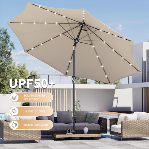 Kingdura 9FT Outdoor Patio Umbrella with Solar Lights, Market Table Umbrella with Push Button Tilt & Crank, 8 Sturdy Ribs, 32 LED Lights, UV Protection for Garden Lawn Deck Backyard Pool (Beige) - color: Beige-LED, size: 9 Ft