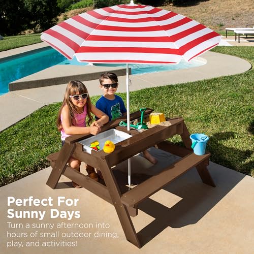 Best Choice Products Kids Picnic Table with Umbrella, 3-in-1 Sand & Water Table, Outdoor Convertible Picnic Table for Toddlers, Seats 4, Removable Top, 2 Buckets - Walnut/Red - color: Walnut/Red