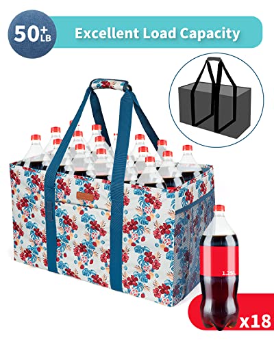 WONDAY Extra Large Reusable Grocery Bag Carrier with Handle, Thirty One Utility Tote Foldable for Shopping and Beach - color: Blue Flower