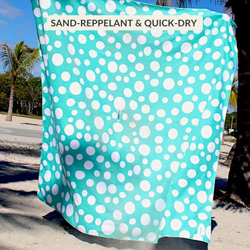 Plush Microfiber Beach Blanket, Large Beach Mat for 1-4 Persons, Sandproof, Windproof | Hole for Umbrella, Corner Sand Pockets to Fight Wind (Bag for Blanket Included) - color: Teal & Dots, size: Large