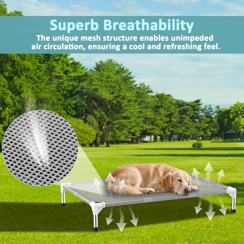 Elevated Dog Bed with Teslin Cooling Fabric - Lightweight Dog Cot for Large Dogs, Waterproof & Washable Breathable Mesh, Raised Pet Bed for Indoor Outdoor Use, Anti-Slip, Easy Clean - size: L-Gray