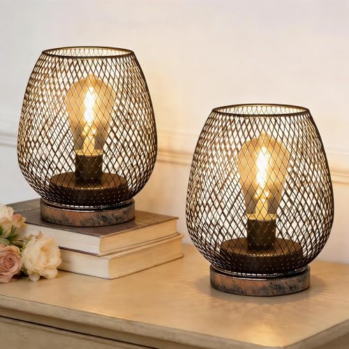 2 Pack Battery Operated Lamp Outdoor Table Lantern,Metal Cage Cordless Lamps with LED Bulb for Weddings Parties Patio Events Indoor Outdoor Patio Bedroom Living Room(Bronze)