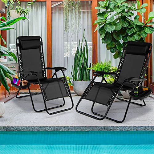 Goplus Zero Gravity Lounge Chairs, 160°Adjustable Folding Recliner w/Pillow and Cup Holder, 350LBS Comfy Outdoor Lounge Chairs for Patio, Lawn, Yard & Camp(1, Black) - color: Black, size: 35.4" x 25.2" x 43.3" (Set of 1)