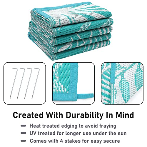 Outdoor Rug for Patios Clearance, 6x9 Waterproof RV Rugs for Outside, Reversible Plastic Straw Mat Large Quick Drying Outdoor Rugs for Deck Trailers Campers Porch Beach Backyard,Teal & White - color: Teal Blue, size: 6' x 9' (Rectangular)