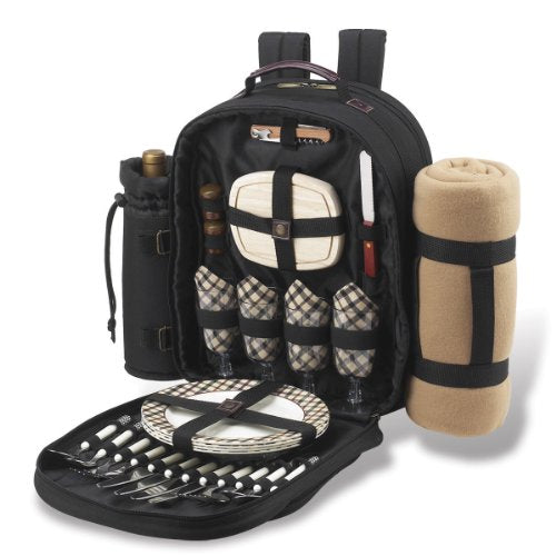 Picnic at Ascot Original Equipped 4 Person Picnic Backpack with Cooler, Insulated Wine Holder & Blanket - Designed & Assembled in USA - color: Black W/London Plaid