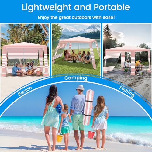 MoKo Beach Cabana, 8'×8' Large Beach Canopy with Side Wall, UPF 50+ Protection Easy Setup Beach Tent Sun Shelter, Adjustable Height Wind Resistant Cabana Beach Tent for Whole Family, Pink Stripe - color: Pink Stripe