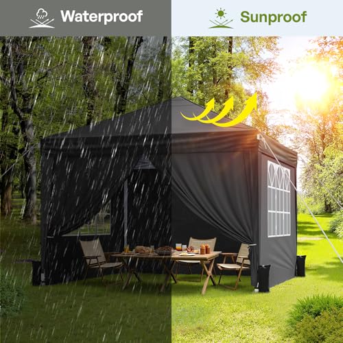10x10 Pop Up Canopy with Sidewalls, Instant Portable Canopy Tent with Carry Bag for Commercial Events, Camping, Parties - Black - color: Black