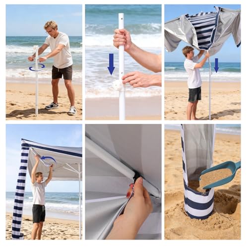 Jihfmo 8x8 Ft Large Beach Cabana Tent, UPF 100+ Windproof Sun Shelter for Family - 64 Sq Ft Big Shade Canopy with Sand Anchors & Cooling Silver Glue Coating, Easy Setup Portable Sunshade - Blue Stripe - color: Blue Stripes