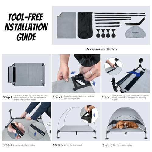 KINGROCK Elevated Dog Bed with Removable Canopy Portable Outdoor Pet Cot Waterproof 600D Oxford Fabric Anti Slip Feet for Large Dogs Camping Beach Indoor and Outdoor Use - color: Grey, size: 50"L x 32.6"W x 43"Th