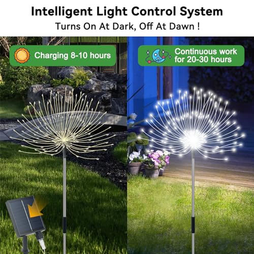Slyuexu Solar Garden Lights Outdoor Waterproof, 4 Pack Total 480 LED Solar Firework Lights Decorative with 8 Lighting Modes Outside for Yard Pathway Flowerbed Decor, White - color: White, size: 4 Pack