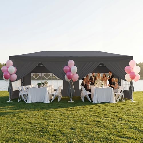 Bealife 10x20 Pop-Up Canopy Tent with 6 Removable Sidewalls, One Push Party Tent Outdoor Waterproof Canopy for Parties Commercial Wedding, 3-Height Adjustable Easy Set Up Gazebo, Carry Bag, (Grey) - color: Gray