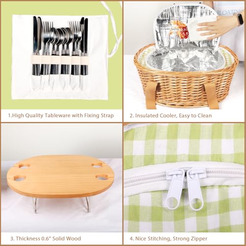 Hap Tim Wicker Picnic Basket Set for 4 with Mini Folding Wine Picnic Table & Large Insulated Cooler Bag & Cutlery Service Kits for 4 Person, Couples Gifts, Wedding Gifts (Y2209-4-GR) - color: Green, size: 4 person