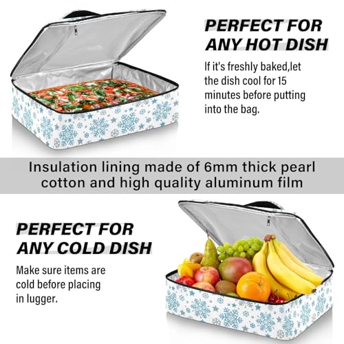 Christmas Snowflake Pizza Bag Thermal Tote Winter Blue White Sliver Xmas Insulated Casserole Cookware Carrier for Hot or Cold Food Fits 15" x 11" Baking Dish for Pockluck, Parties, Picnic,and Cookouts - color: Snowflake White