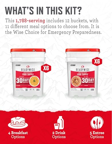 ReadyWise 6 Month Emergency Food Supply - 1,788 Servings, 12 Buckets Freeze Dried Protein Meals, Disaster Survival Food Storage, Ready to Eat, Camping Essentials, up to 25 Year Shelf Life - size: 6 Months