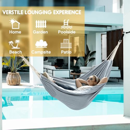 ANYOO Cotton Hammock Portable Camping Hammocks for Hanging Sturdy Garden Comfortable Fabric Hammock with Tree Straps Up to 660lbs with Travel Bag for Camping Outdoor/Indoor Patio Backyard - color: Grey