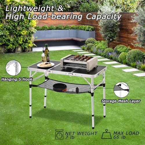 YihuiKo 3 ft Folding Table, Camping Table with Storage Net, Lightweight Portable Aluminum Foldable Table with Adjustable Height Max 27.5 Inch Outdoor Table for Picnic Travel, Black - size: 35"L x 16"W x 27"H