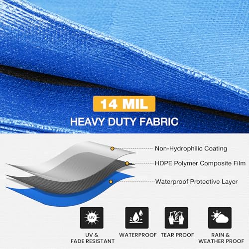 Winpull Tarp 8x10 Feet 14 Mil Heavy Duty Waterproof Tarp, Large Multipurpose Cover with Brass Grommets and Reinforced Edges, UV Resistant Thick Poly Tarps for Outdoor Camping Tent Pool Car, Blue - color: Blue/Silver-14mil, size: 8' x 10'