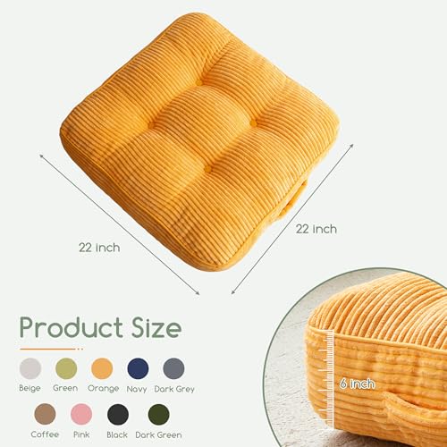 HIGOGOGO 6" Extra Thick Floor Pillow Cushion for Adults, Meditation Cushion Pillow, Large Square Floor Sitting, Tufted Corduroy Cover, for Tatami Living Room or Yoga, 22x22 Inch, Orange - color: Square Orange, size: 6" Thick(Pack of 1)