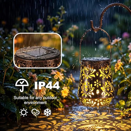 Edenseelake 2 Pack Solar Hanging Lanterns Outdoor Waterproof, Metal Flower Solar Lights, Decorative LED Lantern for Garden, Patio, Porch, Yard, Lawn, Bronze - color: Chrysanth, size: 2 packs