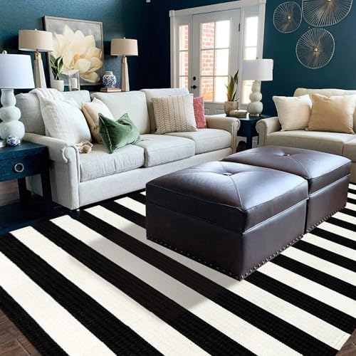LEEVAN Outdoor Rug 5x7 Black and White Striped Patio Mat, Washable Farmhouse Front Door Decor, Cotton Reversible Balcony Rug, Foldable for Layered Porch - color: Black and White Stripes, size: 5' x 6'6" (Rectangular)