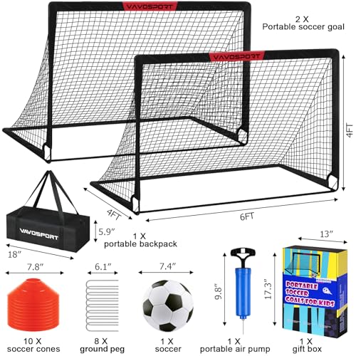 VAVOSPORT Soccer Goal, 2 of 6'x4' Kids Soccer Goals for Backyard Set, Portable Pop Up Soccer Net, Practice Soccer Training Equipment with Ball, Cones for Toddler,Youth Sports Outdoor Games Yard Play - color: Black