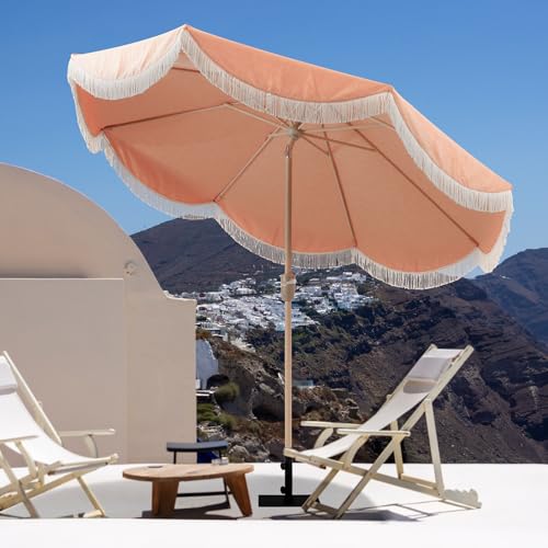 Tempera 9ft Auto Tilt Melon Red Scalloped Patio Umbrellas with Fringe, Outdoor Table Umbrellas with Fade Resistant Canopy,8 Sturdy Rids,Luxurious Vintage Umbrellas for Lawn,Pool,Balcony - color: Coral Red Tassels, size: 9 FT